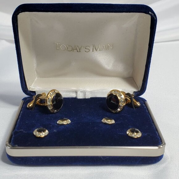 Today's Man Other - Today's Man Cufflinks Gold-Tone Black Onyx & Crystal Cufflink & Stud Set
